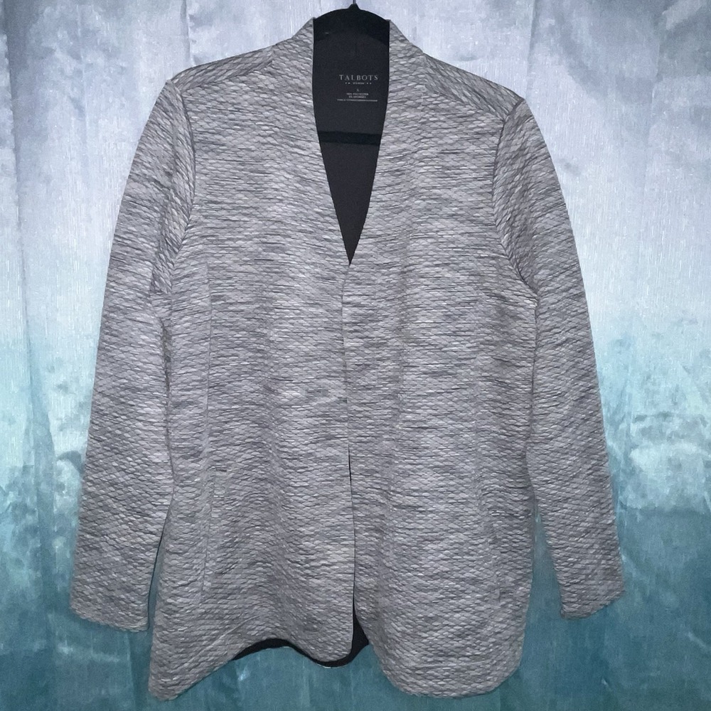 Talbots Womens Open Front Jacket Cardigan Size X Waffle Textured Gray Pink Blue‎